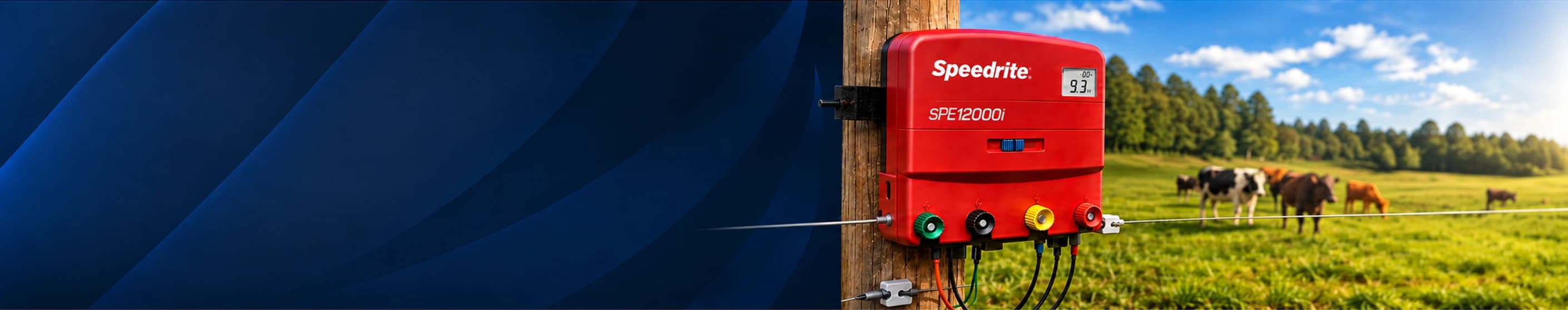 Energizador de cerca elétrica Speedrite instalado em uma propriedade rural
